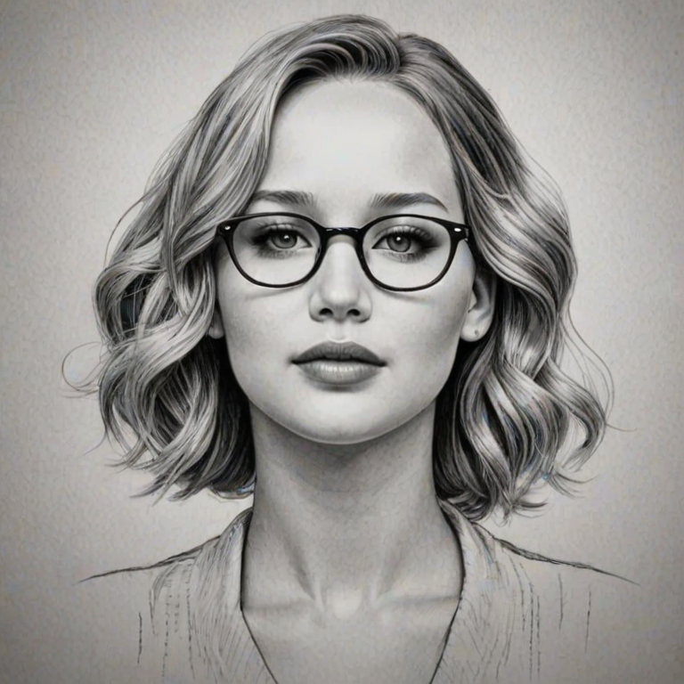 Ravishing Jennifer Lawrence, pencil sketch, portrait of Pleasing woman 1935s in glasses, hair style beatnik, outline, clear lines, fine lines, 8k