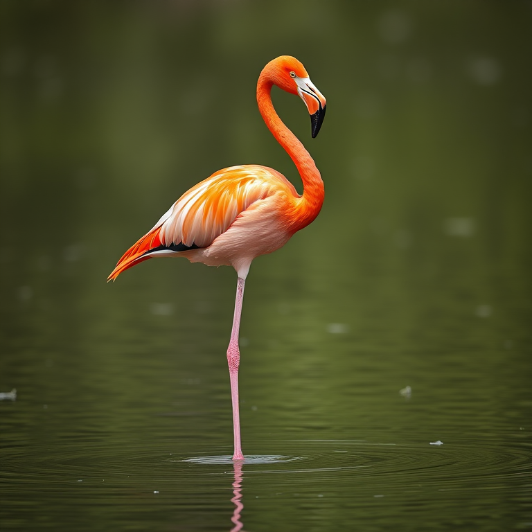 Flamingo standing on one leg in shallow water, vibrant colors, soft focus background, taken with a Canon EOS R5, 85mm f/1.8 lens, ISO 100, aperture f/2.8, 1/2000 sec shutter speed, natural lighting.