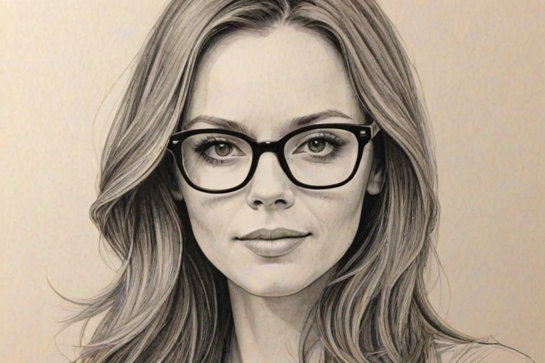 Sublime Rachel Boston, pencil sketch, portrait of Attractive woman 1961s in glasses, hair style beatnik, outline, clear lines, fine lines, 8k