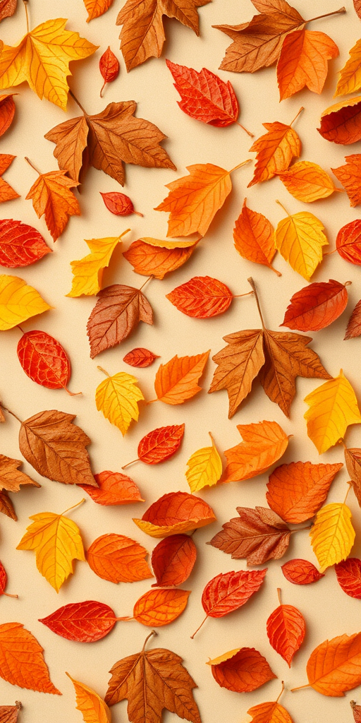 create a seamless pattern of autumn leaves in various shades of orange and brown on a warm beige background, using a Canon EOS R5 camera with a 50mm f/1.8 lens, aperture set to f/8, ISO 100, and a top-down view for a flat lay effect, with soft natural lighting to enhance texture and detail.