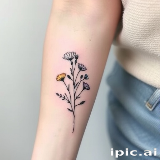 Fine line botanical tattoo of a delicate wildflower bouquet on the inner forearm, with ultra-thin lines and soft, muted color accents
