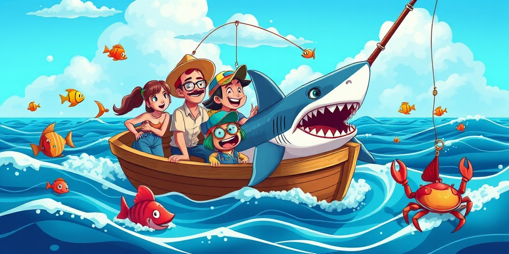 Create a vibrant cartoon scene of a fishing excursion featuring a diverse group of characters in a small boat surrounded by a playful ocean, emphasizing a large shark with a hooked lure, colorful fish, and a crab, using a Canon EOS R5, with a 24-70mm f/2.8 lens, f/8 aperture, 1/250 shutter speed, and ISO 100 for high clarity and detail, in a wide-angle view for added depth.