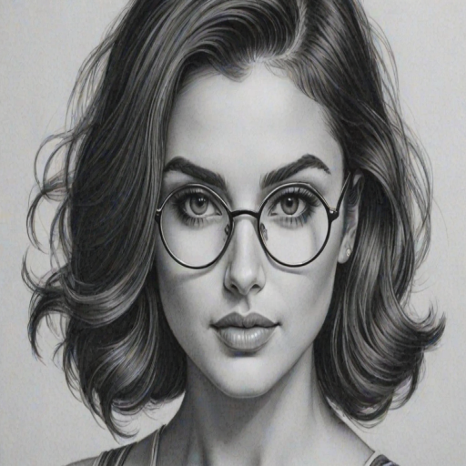 Bewitching Mikaela Hoover, pencil sketch, portrait of Beauteous woman 1937s in glasses, hair style beatnik, outline, clear lines, fine lines, 8k