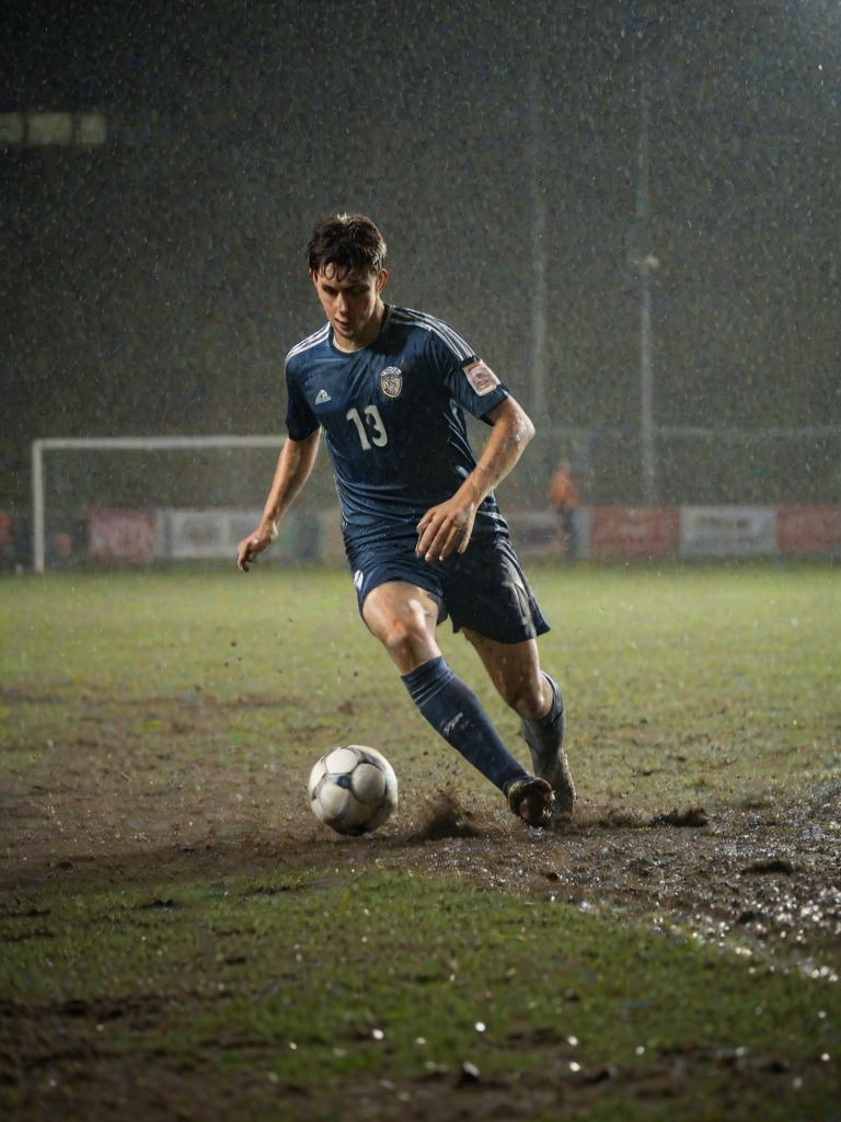Blurry action shot of a soccer player sliding to kick the ball on a muddy field, with rain softly falling and stadium lights casting a bright glow through the misty air.