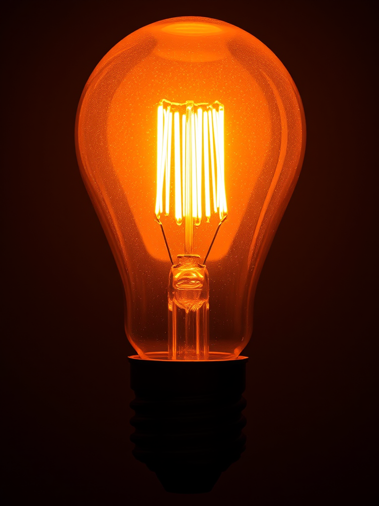 Create a high-resolution image of a glowing incandescent light bulb with a warm orange glow, using a Canon EOS 5D Mark IV, 50mm lens, f/2.8 aperture, ISO 100, and a soft-focus background for depth.