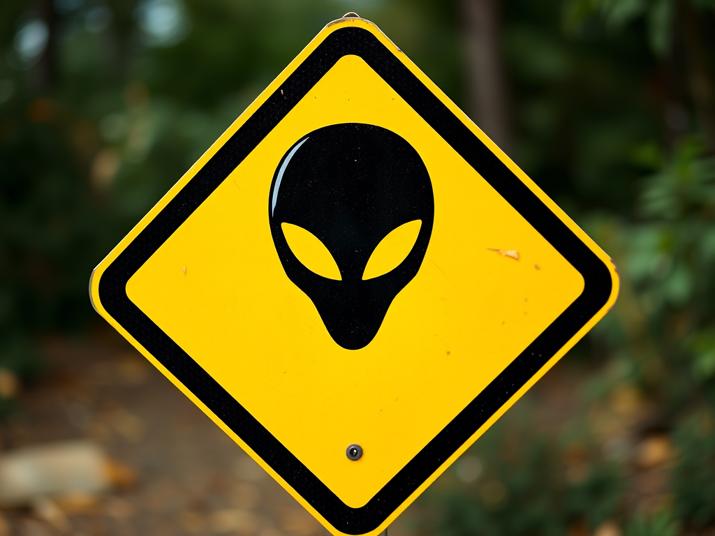 Regenerate a warning sign with a black alien head silhouette centered on a yellow diamond background, use a DSLR camera with a 50mm lens at f/2.8, ISO 100, and a 1/200 shutter speed, capturing a close-up view with high contrast and sharp details.