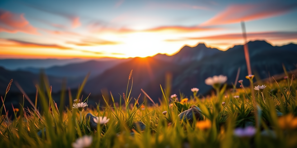Generate an image of a mountain landscape during sunrise with vibrant colors, using a Canon EOS R5, 24mm lens, aperture f/8, shutter speed 1/125 sec, ISO 100, shot from a low angle to emphasize the foreground, capturing the details of the grass and flowers in the foreground and the mountains in the background with a soft bokeh effect.