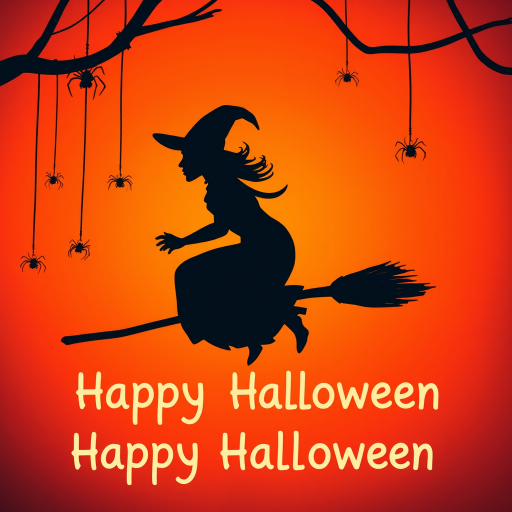 create a silhouette of a witch flying on a broomstick against a bright orange background with hanging spiders, incorporate a playful and spooky font for "Happy Halloween", use a Canon EOS R5 camera with a 50mm lens, set aperture to f/1.8, shutter speed 1/250s, ISO 100, and shoot from a low angle for dramatic effect