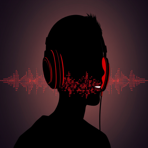Create a high-resolution digital illustration of a silhouetted head wearing headphones, with vibrant red ear cups, and pixelated sound waves dispersing from the mouth, using a Canon EOS R5 camera with a 50mm lens, aperture set to f/1.8, ISO 100, and a soft-focus background for emphasis on the subject.
