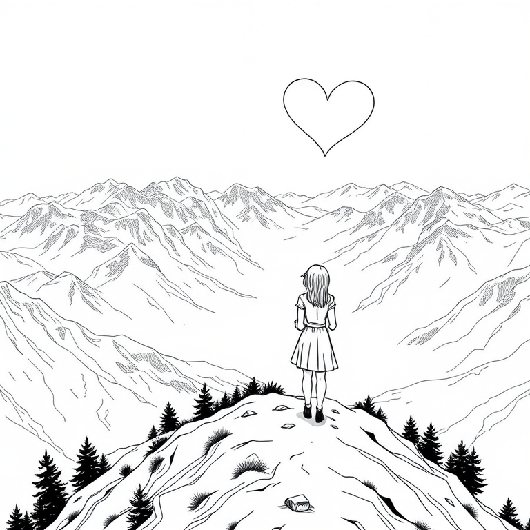 Regenerate a black and white illustration of a couple standing on a mountain peak with hearts above them, focus on line art style, shot from a high angle view, using a digital drawing tablet with 300 DPI for high image quality.