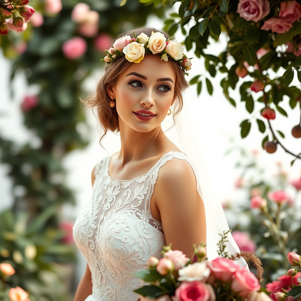 Garden scene, bridal model, delicate lace gown, floral headpiece, soft romantic focus, high-key lighting and an 85mm lens for soft, even tones that highlight the model’s face and bright outfit against a white or light background
