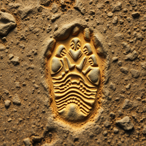 Generate a high-resolution image of a dinosaur footprint on a textured surface, using a DSLR camera with a 50mm lens, aperture f/2.8, ISO 100, shot from a low angle to capture intricate details.