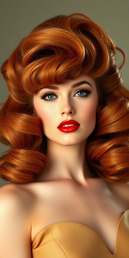 Dazzling copper-haired siren flaunting voluminous curls in a retro-inspired bouffant, channeling 1960s glamour and sophistication