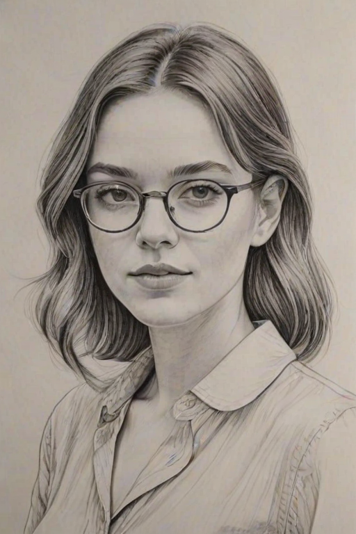 Magnificent Victoria Pedretti, pencil sketch, portrait of Charming woman 1976s in glasses, hair style beatnik, outline, clear lines, fine lines, 8k