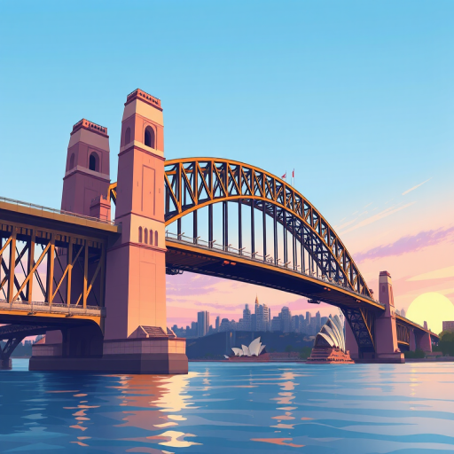 Create a high-resolution illustration of the Sydney Harbour Bridge with intricate details, captured with a 50mm lens at f/8, ISO 100, using a DSLR camera with a wide-angle view, and a clean digital art style for enhanced clarity.