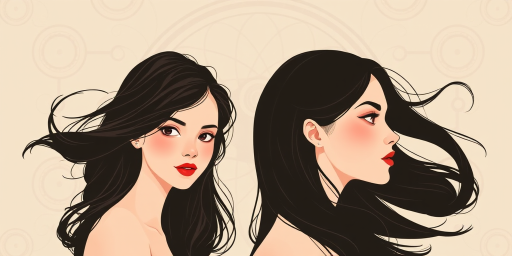 Create a digital illustration of two women with flowing hair, one looking directly at the viewer and the other in profile, both with soft facial features, set against a muted background with intricate circular patterns, using a high-resolution camera at 50mm focal length, f/1.8 aperture, and a shallow depth of field to enhance details and create a soft bokeh effect.