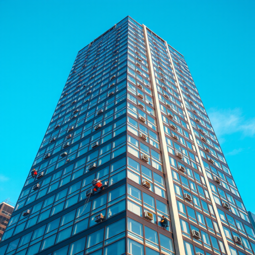 High-resolution shot of a modern skyscraper with window cleaners on the facade, captured using a DSLR camera at f/8 aperture, ISO 200, 1/250 sec shutter speed, 85mm lens, from a slightly elevated angle to enhance perspective and detail, with vibrant color saturation and sharp focus on architectural textures.