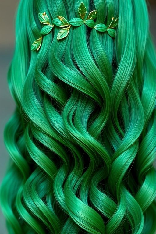 Striking emerald green mermaid waves named "Enchanted Forest" flow gracefully down to the waist, adorned with tiny leaf-shaped clips and shimmering golden accents