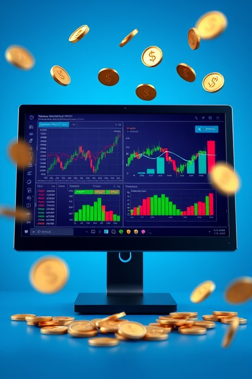 Create a digital illustration of a computer monitor displaying colorful financial charts and graphs, with flying dollar coins around it, in a vibrant blue background, using a 50mm lens, f/8 aperture, and a shallow depth of field for emphasis on the monitor details.