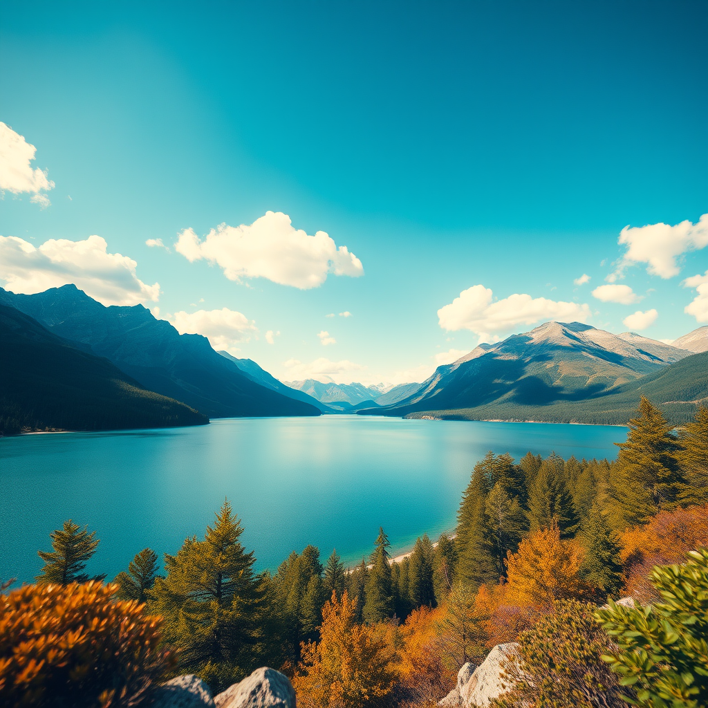 Generate a vivid landscape of a serene lake surrounded by mountains under a clear blue sky with fluffy clouds, captured using a DSLR camera with a 24mm lens at f/8, ISO 100, and a shutter speed of 1/250 sec from a low angle perspective to enhance the depth and colors of the scene.