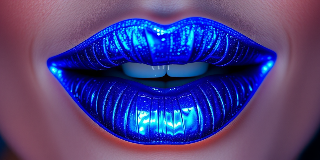Electric blue holographic lips, titled "Cosmic Kiss," displaying an iridescent shift and futuristic appeal for bold, avant-garde makeup enthusiasts