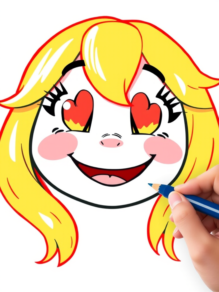 Create a bright, cheerful illustration of a cartoon face with golden blonde hair, heart-shaped red eyes, and a big smile, using a digital drawing tablet, in high resolution, with a soft-focus effect, capturing a playful and friendly vibe.