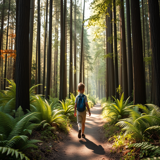 A young boy walking down a forest path surrounded by tall trees and ferns, soft morning light filtering through the leaves, captured with a Canon EOS R5, 50mm f/1.8 lens, f/4 aperture, ISO 200, 1/100 sec shutter speed, using a wide-angle perspective for depth and enhanced color vibrancy.