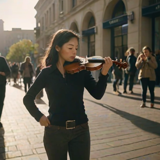 Sharp, detailed image of a street musician playing violin in a busy plaza, sunlight glinting off the strings, people walking by, some stopping to listen, soft shadows cast by the surrounding buildings, the distant sound of city life in the background.