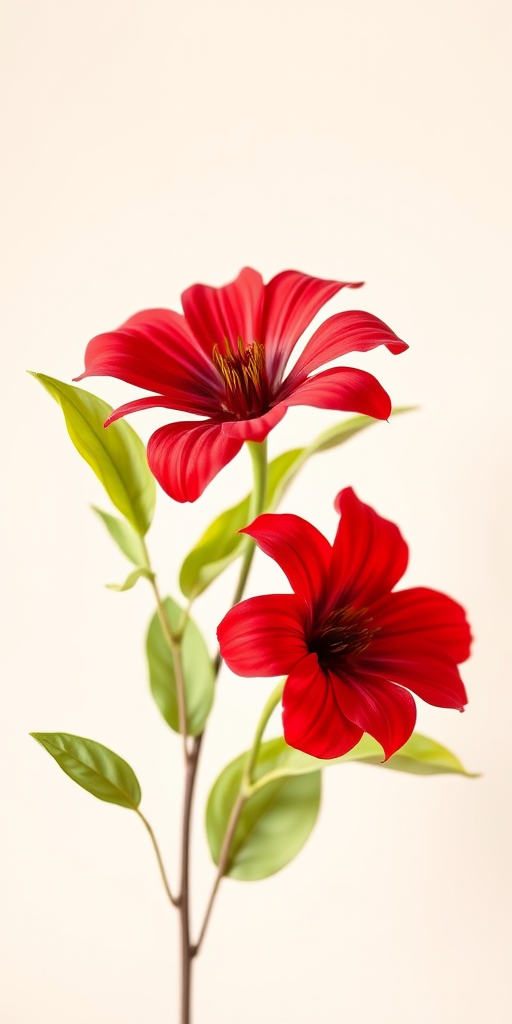 Create a high-resolution image of a delicate floral arrangement featuring two large red flowers with soft green leaves against a light pastel background, captured with a DSLR camera at f/2.8 aperture, 50mm lens, taken from a slightly elevated angle to emphasize depth, and use natural lighting for a soft, warm tone.