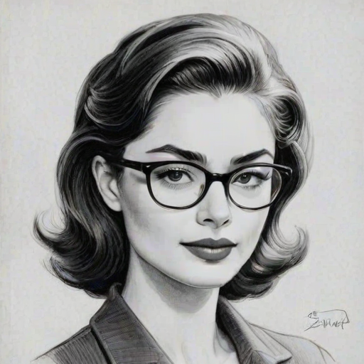 Attractive Emily Robinson, pencil sketch, portrait of Gorgeous woman 1952s in glasses, hair style beatnik, outline, clear lines, fine lines, 8k