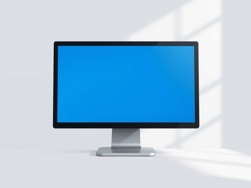 Regenerate a clean and modern illustration of a desktop computer monitor with a blue screen, flat design style, using a Canon EOS 5D Mark IV camera, aperture at f/8, ISO 100, 24mm focal length, and top-down angle to enhance image quality.