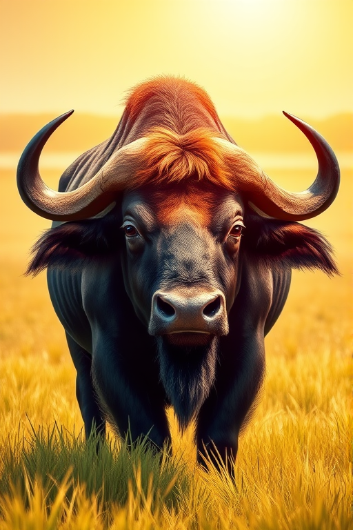 Create a vibrant, detailed illustration of a buffalo standing in a grassy field under bright sunlight, with a shallow depth of field effect, using a DSLR camera with an aperture of f/2.8, ISO 100, and a focal length of 85mm for enhanced clarity and color richness.