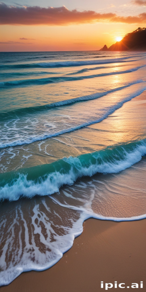 Serene Sunset Over Gentle Waves Crashing on Sandy Beach Shoreline