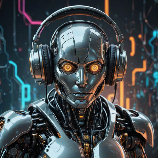 Create an image of a futuristic robot with a sleek metallic design. The robot should have a digital display showing the letters "AT" in bright colors. It is wearing headphones and has an engaging expression. The background should feature abstract tech elements with glowing lights and circuits, conveying a sense of advanced technology and innovation.