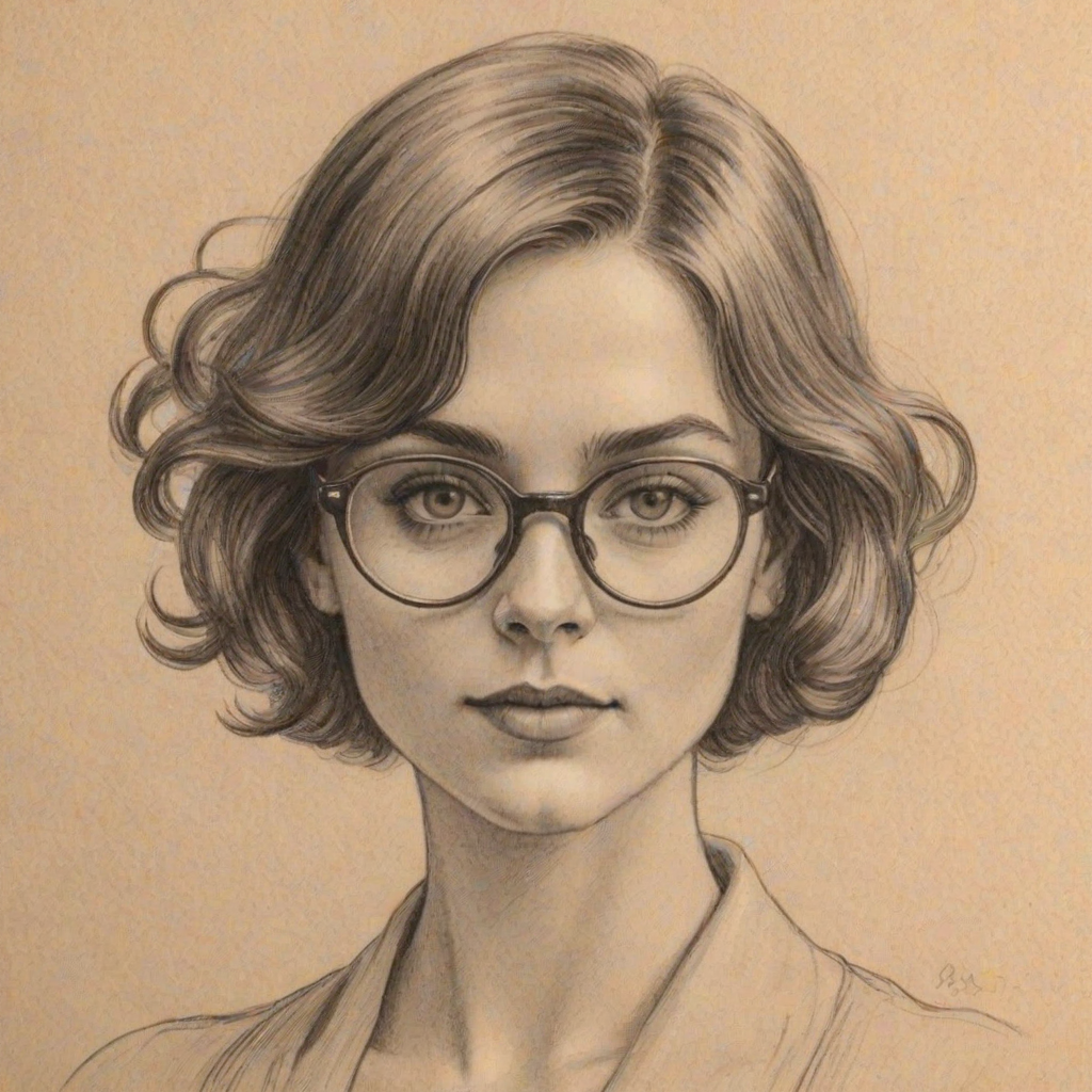 Charming Nessa Barrett, pencil sketch, portrait of Captivating woman 1921s in glasses, hair style beatnik, outline, clear lines, fine lines, 8k