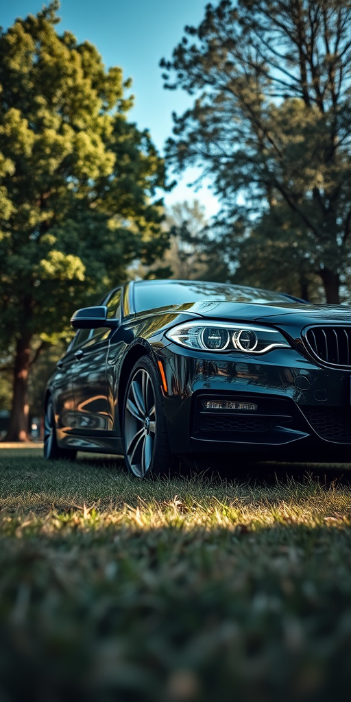 Capture a low-angle shot of a black sedan parked on grass with trees in the background, using a DSLR camera with a 35mm lens, aperture set to f/2.8 for shallow depth of field, ISO 400 for brightness, and shutter speed of 1/200 sec to freeze motion in daylight.