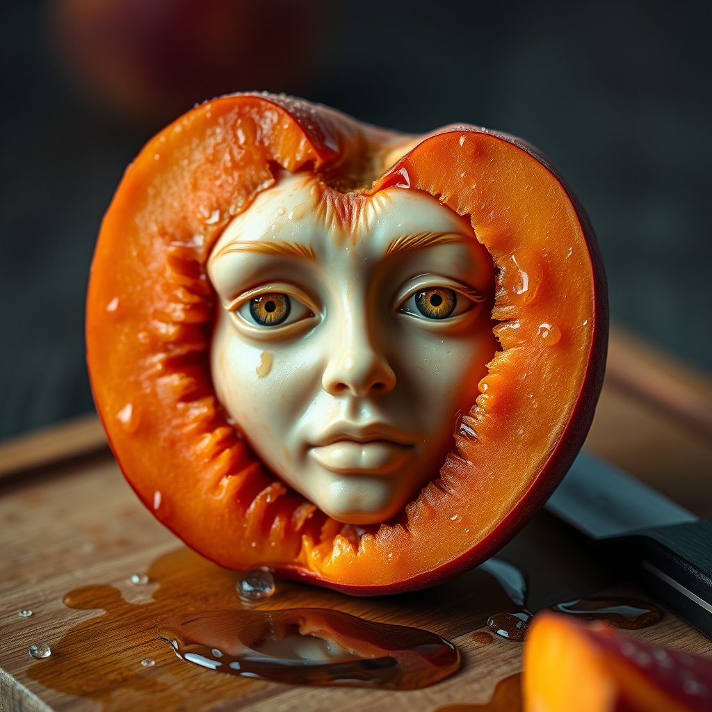 A hyperdetailed photorealistic macro color saturated high resolution image of a peach cut in half, with the peach pit being a highly detailed sculpted woman's face with her eyes open and peach-colored irises. The face has a marble texture. The image includes condensation, moisture, and peach juice. The peach is on a wooden cutting board with a small fruit knife nearby, also covered with juice.