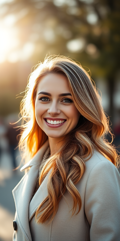 Generate a sunny outdoor portrait of a smiling woman with long, wavy hair wearing a light coat, taken with a DSLR camera at f/2.8 aperture, 50mm lens, ISO 100, shutter speed 1/200s, in soft focus to enhance image quality.