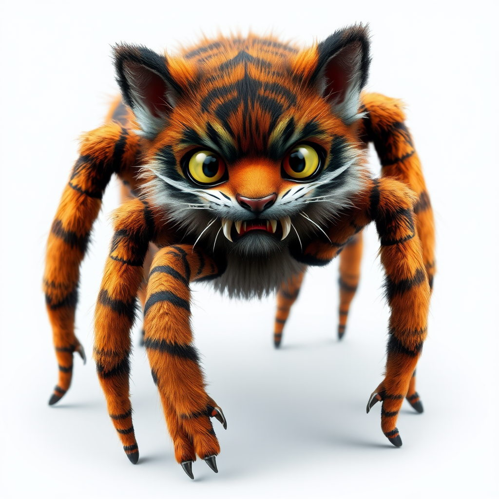 This charming yet frightening Spider Tiger features six legs, a hairy, furry body, and a cat-like tiger physique combined with an insectoid tiger head and tiger legs. The furry head further adds to the creature's unique appearance, creating a captivating blend of cuteness and fear that makes this six-legged, furry, insect-inspired tiger both adorable and scary.
