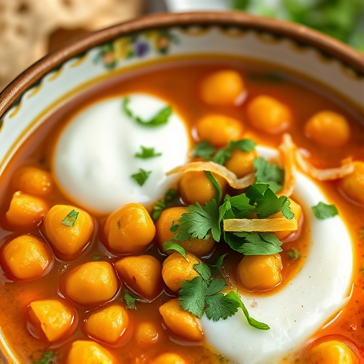 A vibrant, high-quality close-up shot of a bowl of chickpea curry topped with fresh herbs, served with a side of yogurt and garnished with fried onions; use a Canon EOS R5 with a 50mm f/1.2 lens, aperture set to f/2.8 for a shallow depth of field, ISO 200, and natural soft lighting to enhance colors and textures.
