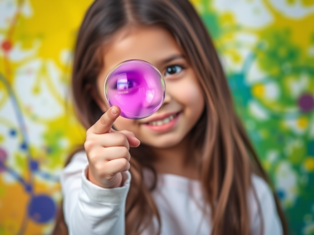 Create a vibrant portrait of a young girl with long hair pointing at a purple bubble against a colorful abstract background of splashes in yellow, green, and blue, captured with a DSLR camera at f/2.8 aperture, ISO 100, 50mm lens, using a shallow depth of field and soft focus effect.