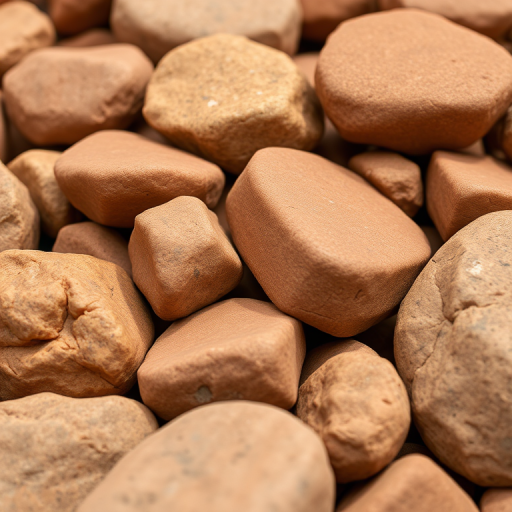 Create a high-resolution image of stylized brown rocks with smooth surfaces, using a DSLR camera with a 50mm lens, at f/2.8, ISO 100, and a natural light setup, focused on a slight angle to enhance depth.