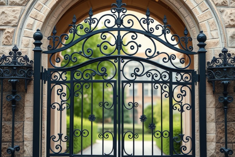 Regenerate an ornate black wrought iron gate with intricate designs set against a stone archway, captured with a DSLR camera at f/4, ISO 100, 1/200s, 35mm focal length, from a frontal view in natural lighting for enhanced depth and detail.