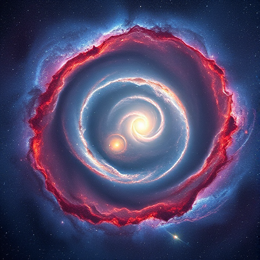A stunning cosmic landscape featuring two spiraling galaxies merging, seen from space, with vibrant colors and intricate details; captured with a Canon EOS R5, 24mm lens, f/2.8 aperture, ISO 100, 1/100 sec exposure, in a wide-angle view.