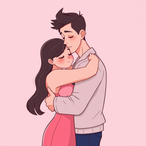 Create a digital illustration of a couple embracing, using a soft pink color palette, with a cartoon style, high-resolution, shot from a slightly elevated angle, with a focus on the characters, using a digital drawing tablet at 300 DPI.