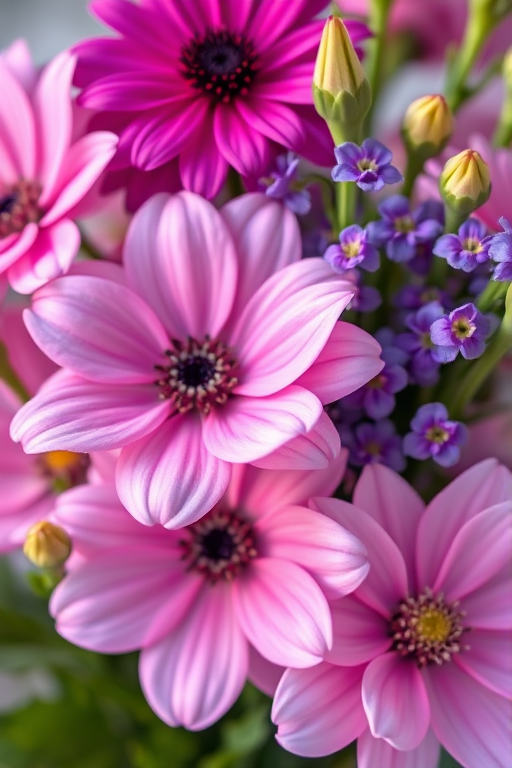 high-resolution floral arrangement with pink and purple flowers, soft natural lighting, shallow depth of field, f/2.8 aperture, 50mm lens, macro photography, DSLR camera, vibrant colors, high detail