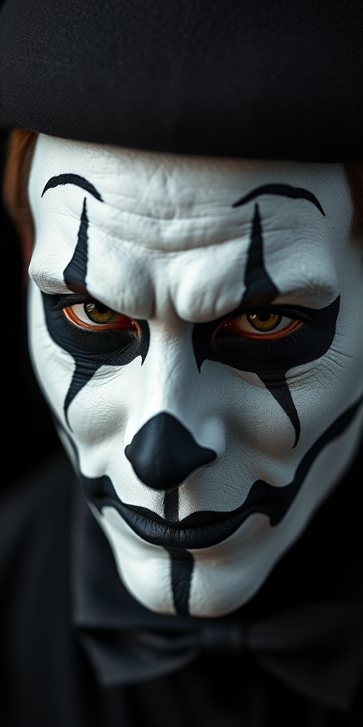 A close-up portrait of a mime artist with white face paint and a black background, using a 50mm lens, aperture f/1.8, shutter speed 1/125s, ISO 200, natural soft lighting for enhanced detail and contrast.