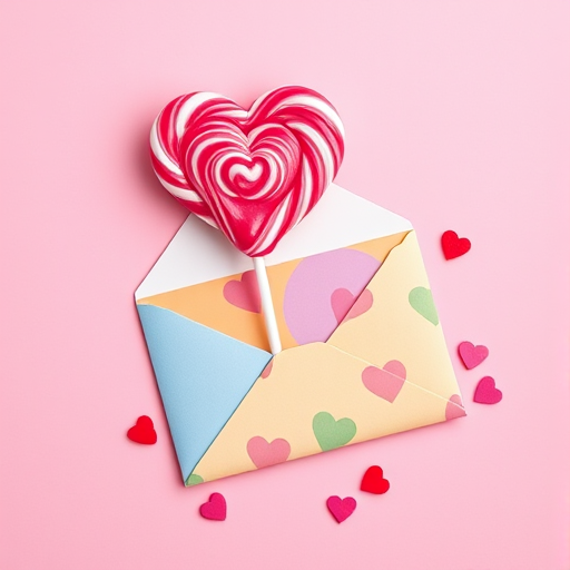 create a vibrant digital illustration of a heart-shaped lollipop and a colorful envelope surrounded by small hearts, using a soft pink background, captured with a Canon EOS R5 with a 50mm f/1.2 lens, aperture set to f/2.8, ISO 100, and a 1/200 sec shutter speed for crisp detail and vibrant colors, focusing on a flat lay angle to enhance the composition