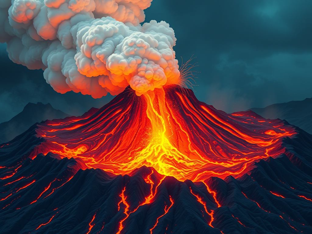 Generate a highly detailed digital illustration of a volcano erupting, capturing the dynamic flow of lava and billowing smoke with a 50mm lens at f/8, ISO 100, 1/250s, in vibrant colors under dramatic lighting, using a DSLR camera for crisp clarity.