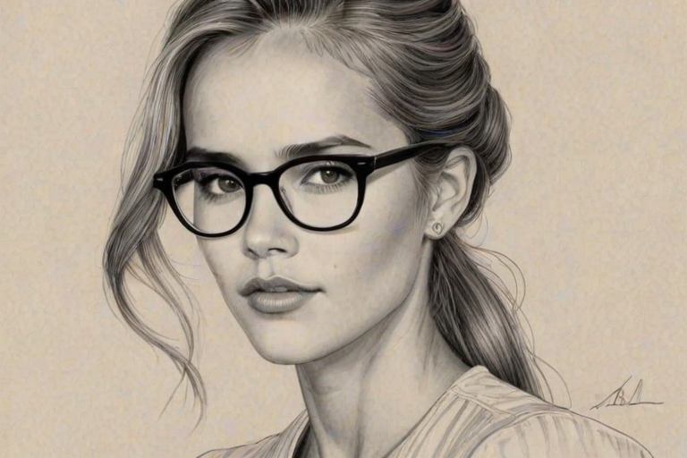 Elegant Isabel Lucas, pencil sketch, portrait of Bewitching woman 1941s in glasses, hair style beatnik, outline, clear lines, fine lines, 8k